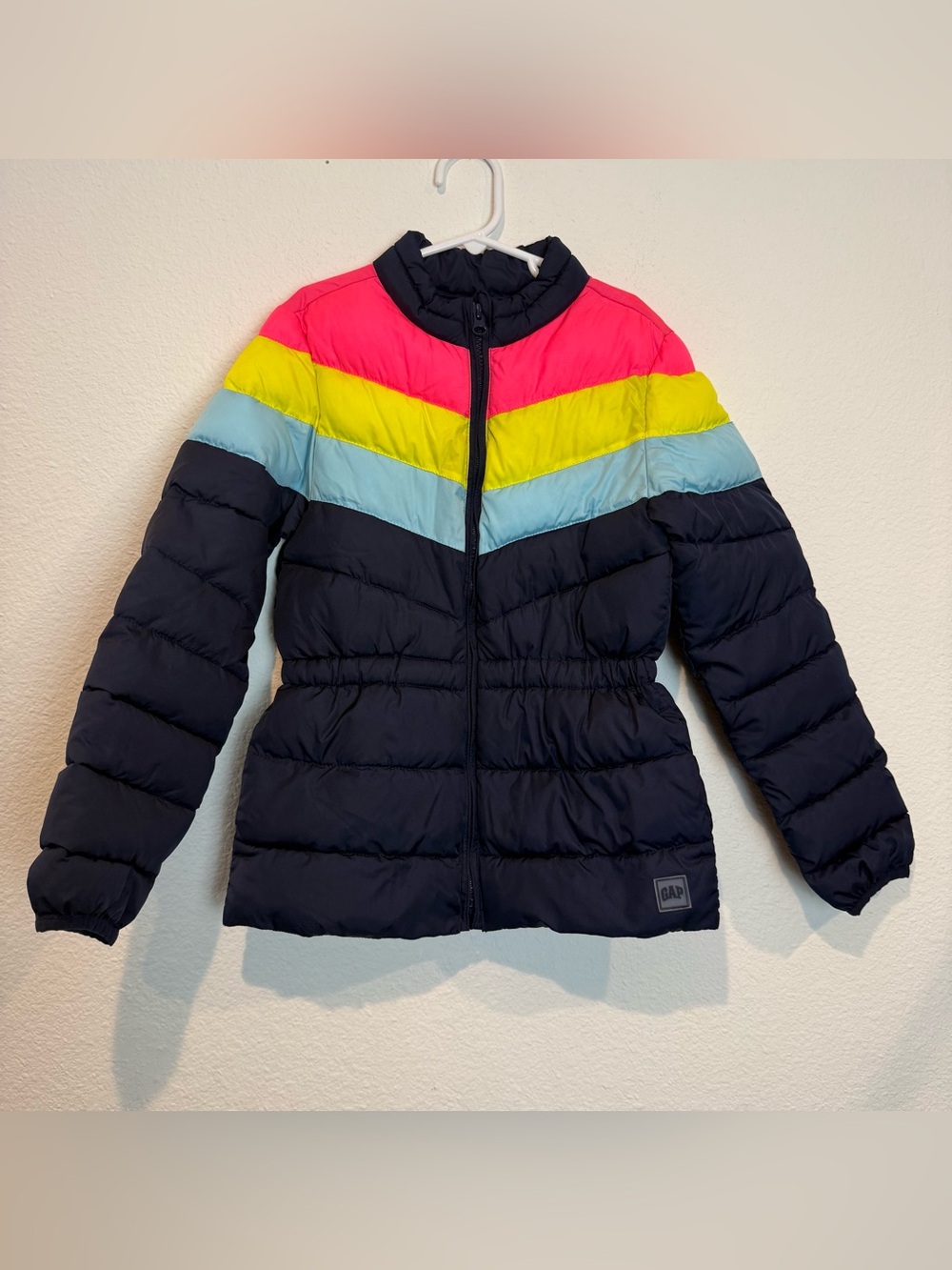 Gap Kids Girls Puffer Zipper Cold Weather Jacket Rainbow Stripes Navy Size M